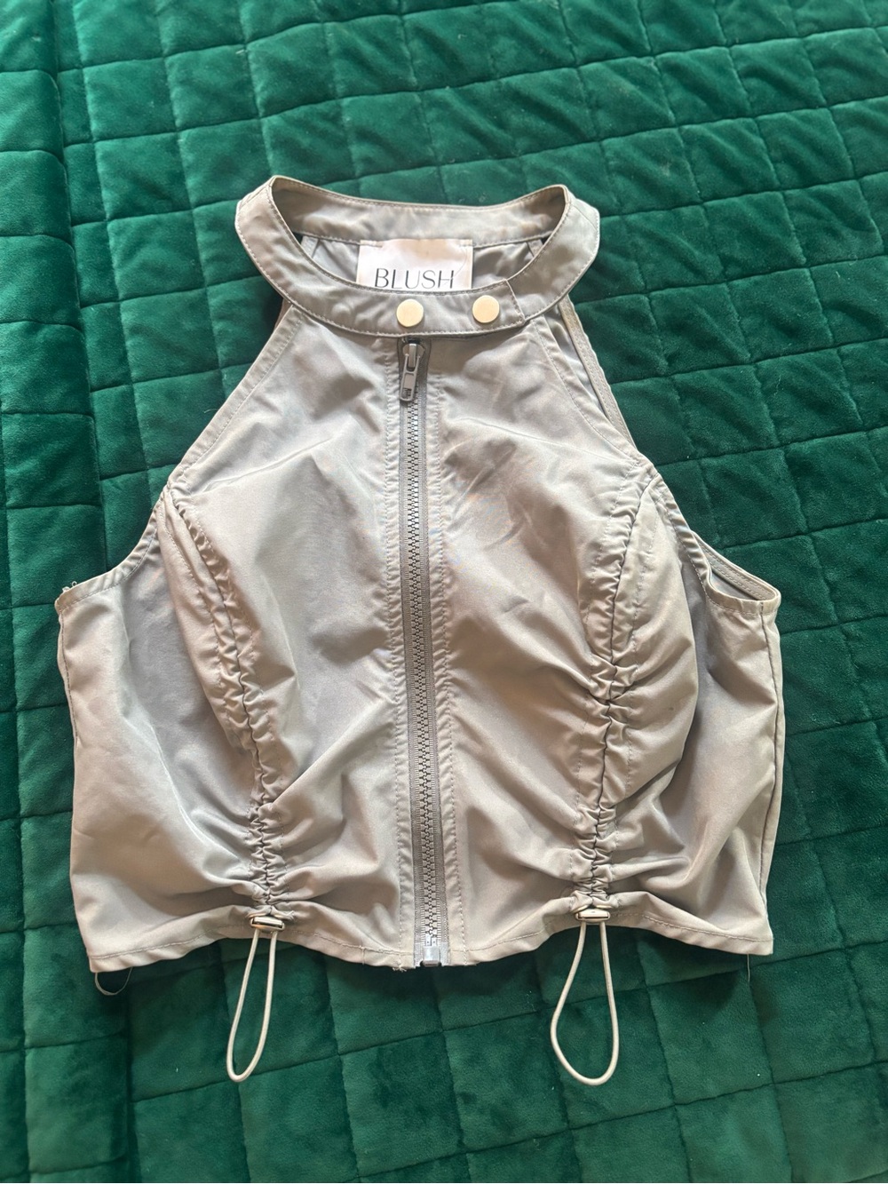 Gray Snap-Front Halter Crop Top with Zipper